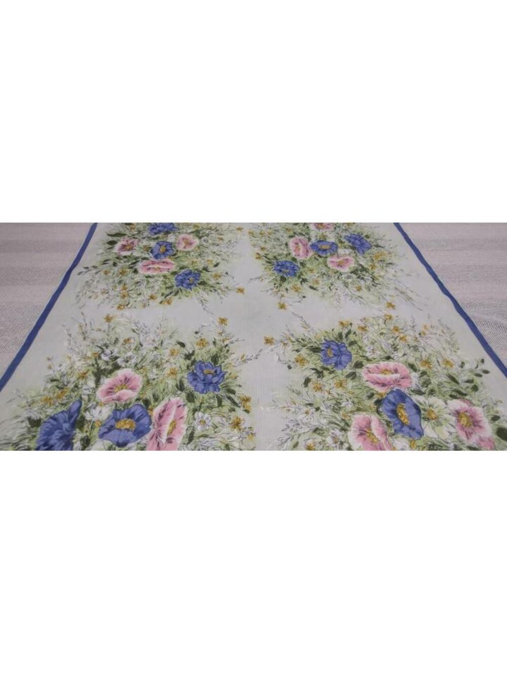 Vintage 1950s Fine Silk Scarf Periwinkle Flowers Pink Jade Green Hand Sewn Edges - Picture 4 of 16